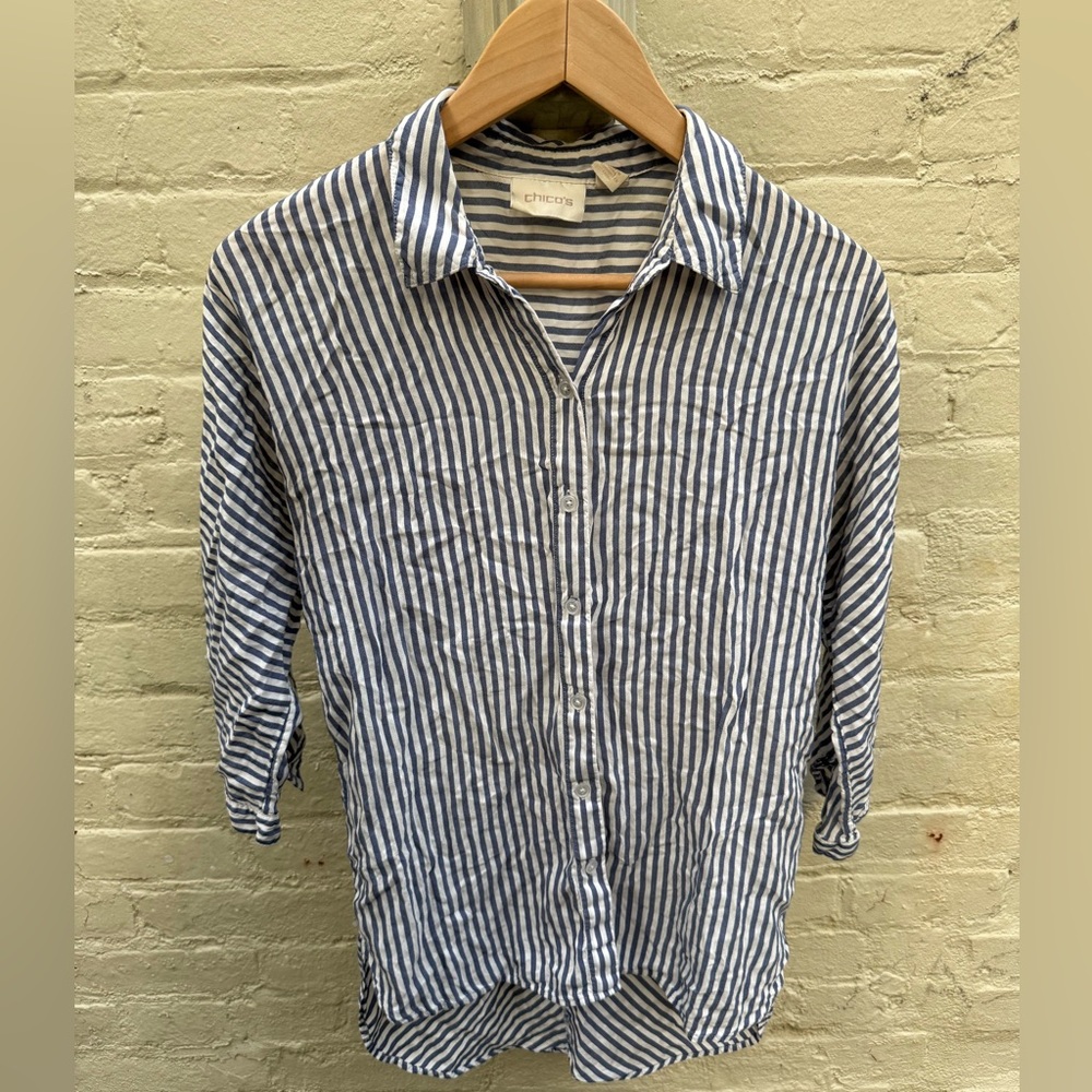 Lovely Chico's blue and White Striped casual fit button-down.